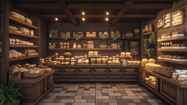 A Rustic Bakery: Digital Rendering of a charming old-world bakery filled with freshly baked goods.
