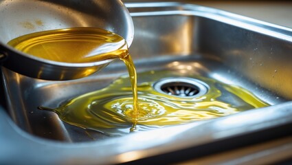 Cooking oil being poured into kitchen sink