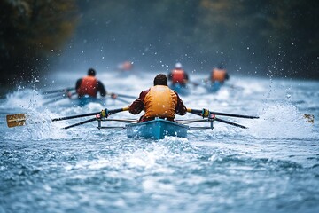 Rowboats racing in a river, with water splashing around as they cut through the waves