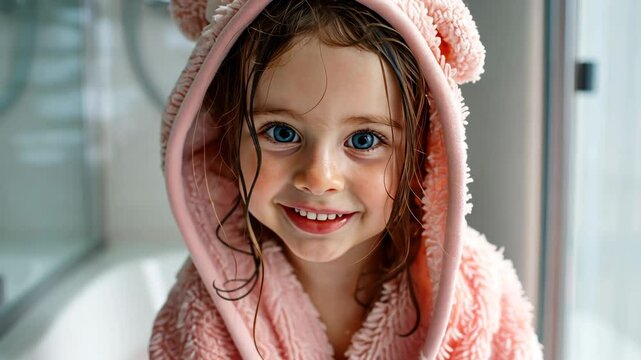A blue-eyed little girl with wet hair and a sweet smile wears a pink bear-eared bathrobe after her bath.
Concept of fresh and clean.