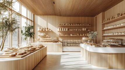 Modern Bakery Interior Design: Sunlight Streaming Through Large Windows Illuminates a Warm, Minimalist Space Filled with Freshly Baked Breads, Pastries, and Cakes.