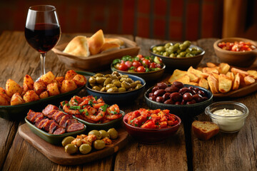 Spanish tapas selection with patatas bravas, gambas al ajillo, olives, bread and wine on rustic wooden table
