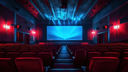 Empty Cinema Theater: Red Seats, Blue Screen, Cinematic Atmosphere