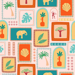 Tropical seamless summer pattern in retro style. African summer motifs. Vintage exotic print.