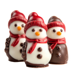 Delightful Christmas chocolate snowmen in festive hats and scarves, perfect for holiday treats and decorations isolated on transparent background, Christmas Chocolate Snowmen Isolated on transparent