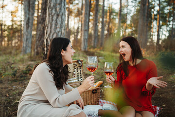 Two young caucasian woman have picnic drink wine in the forest	