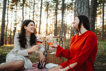 Two young caucasian woman have picnic drink wine in the forest	