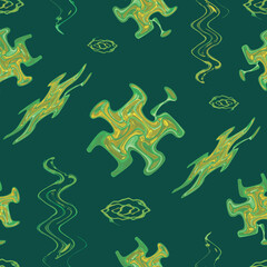 Raster seamless pattern with various golden-green abstract elements and stylized vertical waves on emerald background for wallpaper, textiles, banners, and paper.