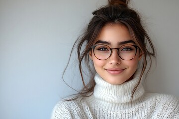 Young woman with dark hair and round glasses smiles gently. She's wearing a cream-colored turtleneck sweater against a neutral background.