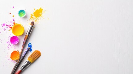 Colorful paints and brushes on white background