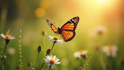 Fototapeta premium Monarch Butterfly Flying in Sunny Flower Garden, Delicate, Natural, Sunny