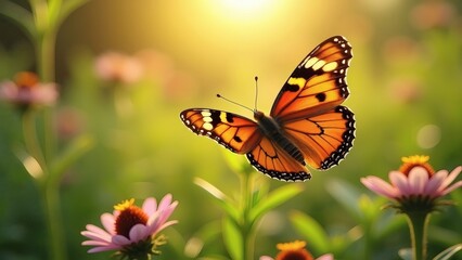 Fototapeta premium Monarch Butterfly Flying in Sunny Flower Garden, Delicate, Natural, Sunny