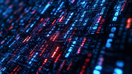 Fototapeta premium Digital Data Grid: Abstract Illustration of Glowing Binary Code and Circuitry.