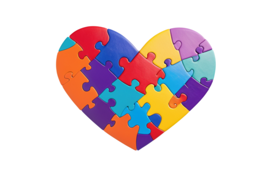 Vibrant heart is composed of interlocking colorful puzzle pieces reflecting joy