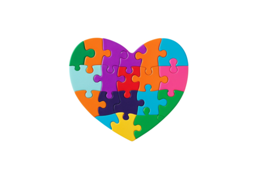Vibrant heart is composed of interlocking colorful puzzle pieces shaping