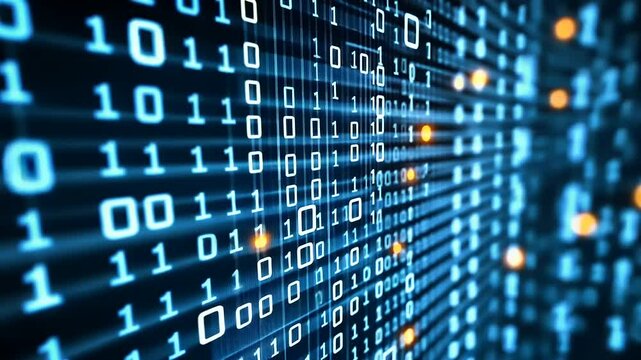 Digital binary code flowing in a futuristic environment, symbolizing data transmission and technology