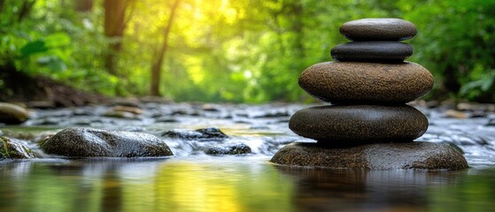 Stacked stones balance in water, peaceful scene with green trees and sunlight behind
