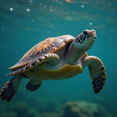 Fototapeta premium Sea Turtle Swimming - Underwater Marine Life. Ideal for travel websites, wildlife conservation advertisements, marine life brochures, underwater photography presentations