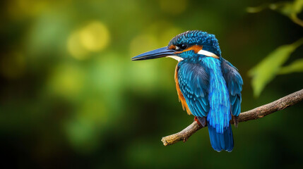Obraz premium Adorable colorful bright kingfisher with blue feathers sitting on thin branch against green background in nature