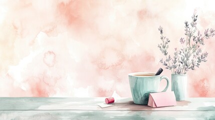 Serene Watercolor Morning Coffee, Lavender, and Notes