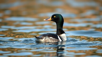 Fototapeta premium Black and white duck swimming gracefully on a calm water surface during daylight hours in a natural setting