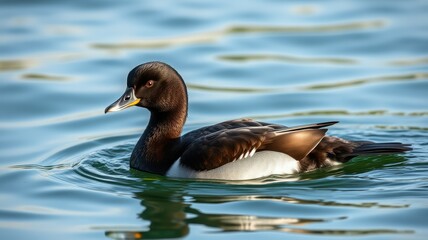 Fototapeta premium Brown duck swimming gracefully in clear water on a sunny day by the lakeside