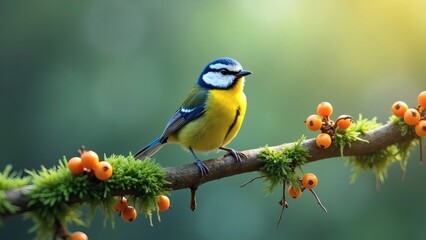 Obraz premium Eurasian Blue Tit Perched on Berry Branch