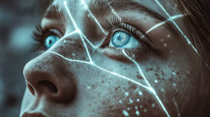 Scifi Girl Looking Up Lights Across Her Eye Pupil Fantasy AI Post Apocalyptic