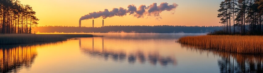 Obraz premium Sunrise over Lake with Smoke from Factory
