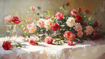 Impressionist oil painting of a romantic still life of flowers mid arrangement cut roses and a glass vase on white tablecloth in French provincial room ambiance wedding tea bridal flower copy space