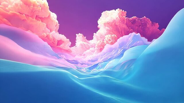 Colorful clouds and rolling waves in a surreal dreamlike landscape at sunset