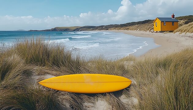 Yellow Surfboard Beach Hut Coastline