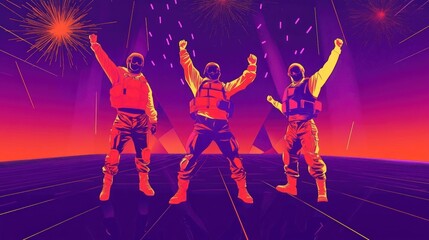 Astronauts Celebrating in a Futuristic Space Environment with Vibrant Colors and Dynamic Lighti