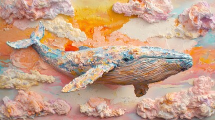 Colorful Relief Artwork of a Whale Swimming Through Soft Clouds