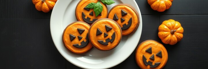Halloween-themed cookies arranged on a white plate surrounded by small pumpkins
