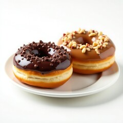 Two delicious donuts on a white plate: one chocolate frosted with sprinkles and one caramel frosted with nuts.
