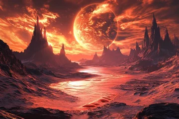 Fototapeten An intricate image of an Earth-like exoplanet with alien landscapes featuring towering crystalline structures, deep red sands and gas clouds in unnatural hues, taken with the Spitzer Space Telescope,  © bartjan