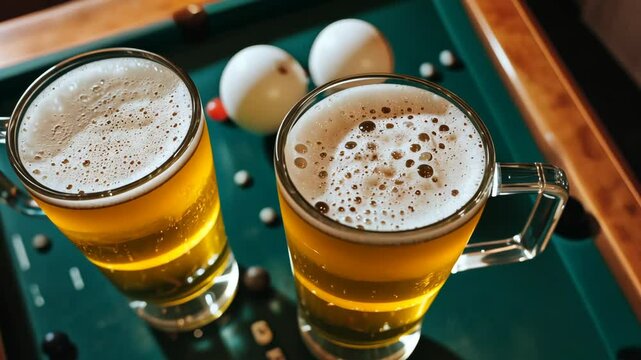 Friends enjoy freshly poured drinks while playing pool in a cozy bar setting during the evening