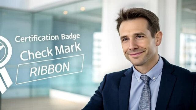 Man in suit with laptop and certification badge overlayed in a bright office environment setting