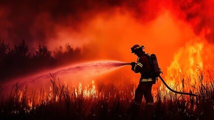 Obraz premium Firefighter Battling Intense Wildfire with Hose Silhouette Against Fiery Flames and Smoke
