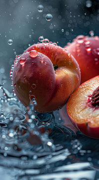 Juicy nectarines drenched in water a burst of freshness vibrant red and gold hues glistening droplets dark background macro photography