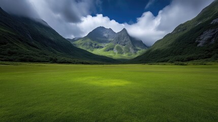 Fototapeta premium Lush valley with towering peaks. Sunlight illuminates a grassy plain