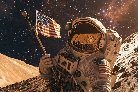 an astronaut planting a flag on Mars with a backdrop of star-studded space, the Mars Rover visible, and the astronaut reflecting in his visor