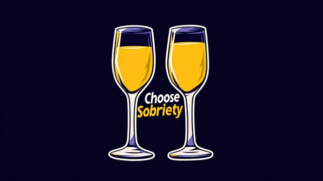 Two illustrated champagne glasses contain golden liquid with 'Choose Sobriety' text on a dark backdrop. - Powered by Adobe