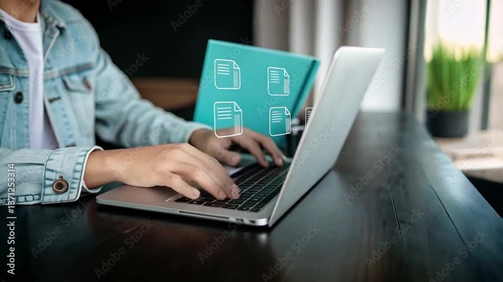 Poster Person typing on a laptop with document icons overlayed on a blue folder behind it on a desk