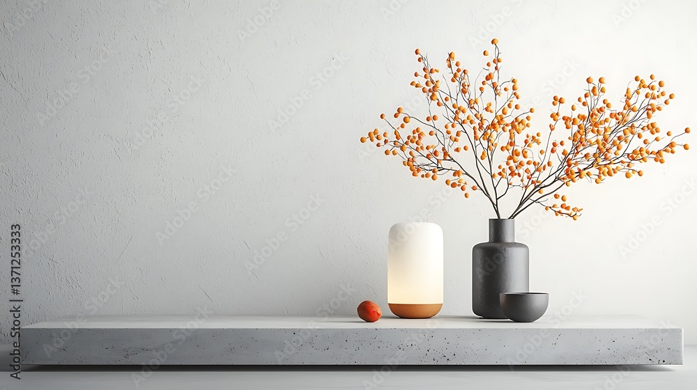 Poster Minimalist display shelf with decorative branch and objects