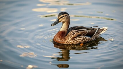 Fototapeta premium Elegant duck gliding across calm water at sunset in a serene natural setting