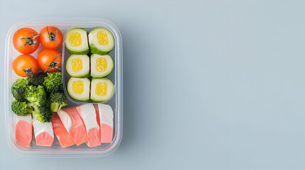 Overhead View Of A Prepared Healthy Meal In A Plastic Container Featuring Fresh Tomatoes Cucumber Broccoli And Salmon On A Blue Background