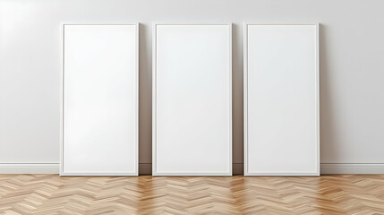 Three White Picture Frames On Wooden Floor