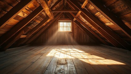 Sunlight streams into a rustic attic space, illuminating the wooden beams and floor. A peaceful, serene atmosphere.